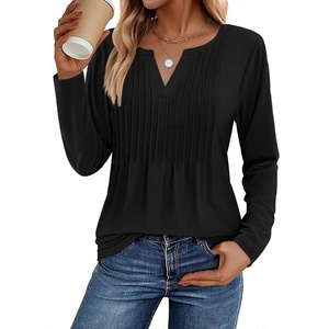 Zeagoo Womens Long Sleeve Tops 2026 V Neck Pleated Shirts Dressy Casual Tunic Blouses Loose Fit Fall Fashion Clothes(Black)