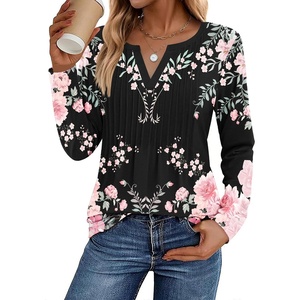 Zeagoo Womens Long Sleeve Tops 2026 V Neck Pleated Shirts Dressy Casual Tunic Blouses Loose Fit Fall Fashion Clothes(Black Pink-printed)
