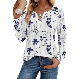 Zeagoo Womens Long Sleeve Tops 2026 V Neck Pleated Shirts Dressy Casual Tunic Blouses Loose Fit Fall Fashion Clothes(White-printed)