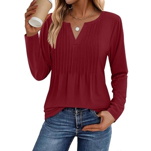 Zeagoo Womens Long Sleeve Tops 2026 V Neck Pleated Shirts Dressy Casual Tunic Blouses Loose Fit Fall Fashion Clothes(Wine Red)