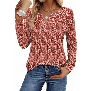 Zeagoo Womens Long Sleeve Tops 2026 V Neck Pleated Shirts Dressy Casual Tunic Blouses Loose Fit Fall Fashion Clothes(Xh518)