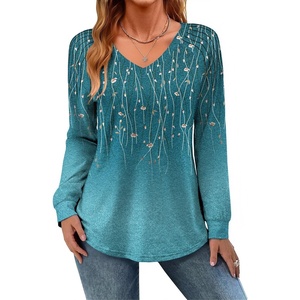 Zeagoo Womens Long Sleeve Tops V Neck Pleated Shirts Dressy Casual Blouses Fall Fashion Tunic Clothes 2026 T-Shirts(01-blue-green)