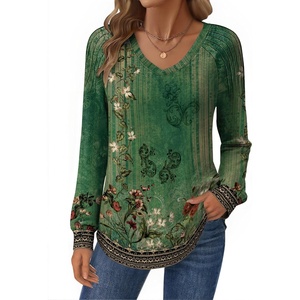 Zeagoo Womens Long Sleeve Tops V Neck Pleated Shirts Dressy Casual Blouses Fall Fashion Tunic Clothes 2026 T-Shirts(01-green Floral)