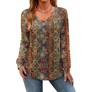 Zeagoo Womens Long Sleeve Tops V Neck Pleated Shirts Dressy Casual Blouses Fall Fashion Tunic Clothes 2026 T-Shirts(01-vintage Floral)