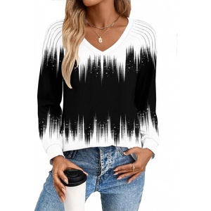 Zeagoo Womens Long Sleeve Tops V Neck Pleated Shirts Dressy Casual Blouses Fall Fashion Tunic Clothes 2026 T-Shirts(Black-white)
