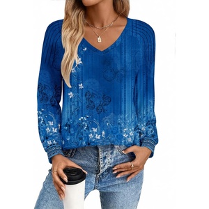 Zeagoo Womens Long Sleeve Tops V Neck Pleated Shirts Dressy Casual Blouses Fall Fashion Tunic Clothes 2026 T-Shirts(Blue Floral)