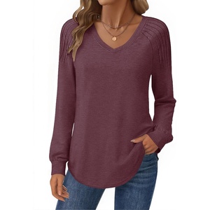 Zeagoo Womens Long Sleeve Tops V Neck Pleated Shirts Dressy Casual Blouses Fall Fashion Tunic Clothes 2026 T-Shirts(Deep Red)