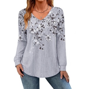 Zeagoo Womens Long Sleeve Tops V Neck Pleated Shirts Dressy Casual Blouses Fall Fashion Tunic Clothes 2026 T-Shirts(Grey-1)