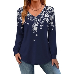 Zeagoo Womens Long Sleeve Tops V Neck Pleated Shirts Dressy Casual Blouses Fall Fashion Tunic Clothes 2026 T-Shirts(Navy Floral)