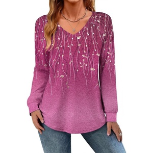 Zeagoo Womens Long Sleeve Tops V Neck Pleated Shirts Dressy Casual Blouses Fall Fashion Tunic Clothes 2026 T-Shirts(Purple Floral 2)