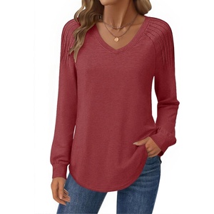 Zeagoo Womens Long Sleeve Tops V Neck Pleated Shirts Dressy Casual Blouses Fall Fashion Tunic Clothes 2026 T-Shirts(Wine Red)