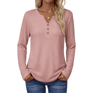 Zeagoo Women’s Long Sleeve Waffle Knit Shirts Dressy Casual Loose Button Up V Neck Tops 2026 Fall Basic Tee Blouse(Dusty Pink)