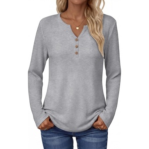 Zeagoo Women’s Long Sleeve Waffle Knit Shirts Dressy Casual Loose Button Up V Neck Tops 2026 Fall Basic Tee Blouse(Light Grey)