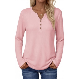 Zeagoo Women’s Long Sleeve Waffle Knit Shirts Dressy Casual Loose Button Up V Neck Tops 2026 Fall Basic Tee Blouse(Light Pink)