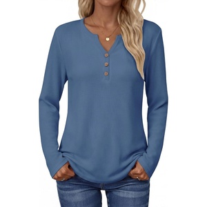 Zeagoo Women’s Long Sleeve Waffle Knit Shirts Dressy Casual Loose Button Up V Neck Tops 2026 Fall Basic Tee Blouse(Navy Blue)