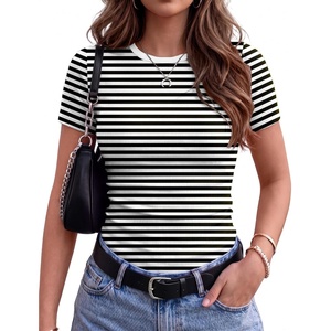 Zeagoo Women’s Ribbed Short Sleeve Tops Crewneck Stretch Basic Tshirt S-2XL(Black Stripe)