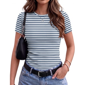Zeagoo Women’s Ribbed Short Sleeve Tops Crewneck Stretch Basic Tshirt S-2XL(Blue Stripe)