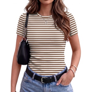 Zeagoo Women’s Ribbed Short Sleeve Tops Crewneck Stretch Basic Tshirt S-2XL(Brown Stripe)
