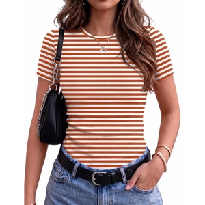 Zeagoo Women’s Ribbed Short Sleeve Tops Crewneck Stretch Basic Tshirt S-2XL(Orange Stripe)