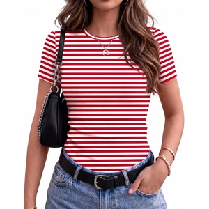 Zeagoo Women’s Ribbed Short Sleeve Tops Crewneck Stretch Basic Tshirt S-2XL(Red Stripe)