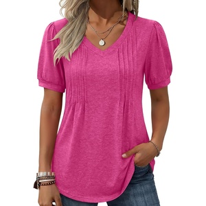Zeagoo Womens Summer Tops 2026 Puff Short Sleeve Shirts V Neck Tunic blouse(A-hot Pink)