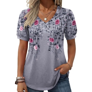 Zeagoo Womens Summer Tops 2026 Puff Short Sleeve Shirts V Neck Tunic blouse(Floral Grey Hf36)