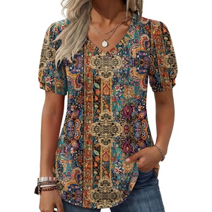 Zeagoo Womens Summer Tops 2026 Puff Short Sleeve Shirts V Neck Tunic blouse(Multi Floral Mz721)