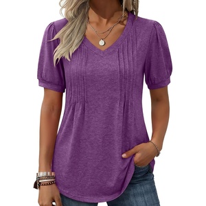 Zeagoo Womens Summer Tops 2026 Puff Short Sleeve Shirts V Neck Tunic blouse(Purple)