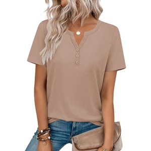 Zeagoo Womens Summer Tops V Neck Short Sleeve Shirts Dressy Casual Blouse(Khaki)