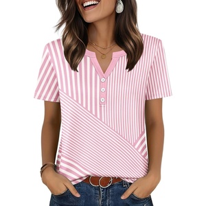 Zeagoo Womens Summer Tops V Neck Short Sleeve Shirts Dressy Casual Blouse(Pink Stripes)