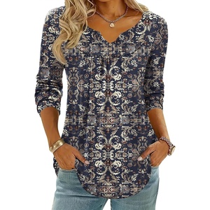 Zeagoo Womens Tops Long Sleeve Shirts Boho Tops for Women 2026 Fall Blouses Ladies Sweatshirts Spring Fashion Clothing(Blue Ethnic Style)