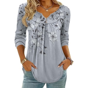 Zeagoo Womens Tops Long Sleeve Shirts Boho Tops for Women 2026 Fall Blouses Ladies Sweatshirts Spring Fashion Clothing(Grey Print)