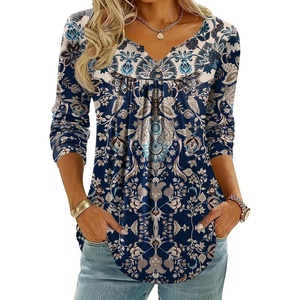 Zeagoo Womens Tops Long Sleeve Shirts Boho Tops for Women 2026 Fall Blouses Ladies Sweatshirts Spring Fashion Clothing(Navy Blue Ethnic)