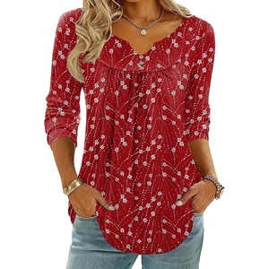 Zeagoo Womens Tops Long Sleeve Shirts Boho Tops for Women 2026 Fall Blouses Ladies Sweatshirts Spring Fashion Clothing(Red White Print)