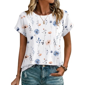 Zeagoo Womens Tops Short Sleeve Cute Summer Blouses Crew Neck Dressy Casual T Shirts Work Clothes S-2XL(Bf290-white Flower)