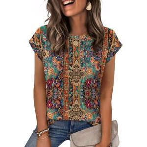 Zeagoo Womens Tops Summer Casual Cap Sleeve Tshirts Shirts Business Blouses(Brown Boho Print)