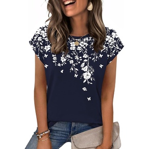 Zeagoo Womens Tops Summer Casual Cap Sleeve Tshirts Shirts Business Blouses(Navy Floral)