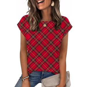 Zeagoo Womens Tops Summer Casual Cap Sleeve Tshirts Shirts Business Blouses(Red Plaid)