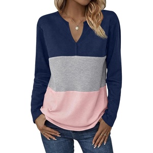 Zeagoo Women’s Waffle Shirts V Neck Long Sleeve Tops Color Block T-Shirts Casual Pullover Tunics 2025 Fashion Basic Tees(A-navy Blue/Gray/Pink)