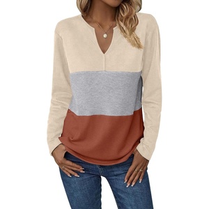Zeagoo Women’s Waffle Shirts V Neck Long Sleeve Tops Color Block T-Shirts Casual Pullover Tunics 2025 Fashion Basic Tees(Beige/Gray/Terracotta)