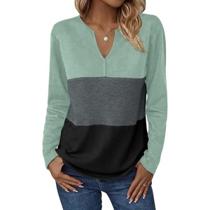 Zeagoo Women’s Waffle Shirts V Neck Long Sleeve Tops Color Block T-Shirts Casual Pullover Tunics 2025 Fashion Basic Tees(Mint/Charcoal/Black)