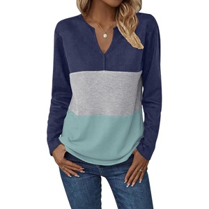 Zeagoo Women’s Waffle Shirts V Neck Long Sleeve Tops Color Block T-Shirts Casual Pullover Tunics 2025 Fashion Basic Tees(Navy Blue/Gray/Green)