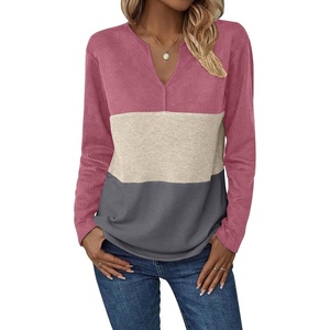 Zeagoo Women’s Waffle Shirts V Neck Long Sleeve Tops Color Block T-Shirts Casual Pullover Tunics 2025 Fashion Basic Tees(Pink Purple/Beige/Dark Gray)