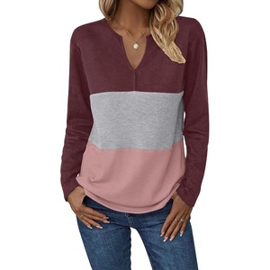 Zeagoo Women’s Waffle Shirts V Neck Long Sleeve Tops Color Block T-Shirts Casual Pullover Tunics 2025 Fashion Basic Tees(Red/Gray/Pink)