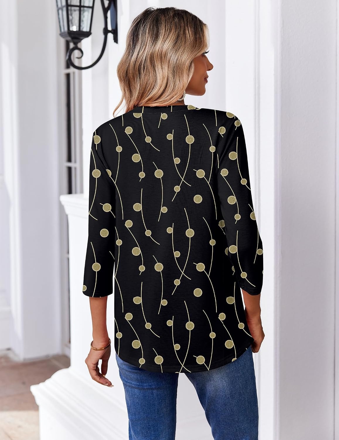 image:imageZeagoo 34 Length Sleeve Womens Tops V Neck Pleated Boho Floral BlousesBlack Khaki Dots