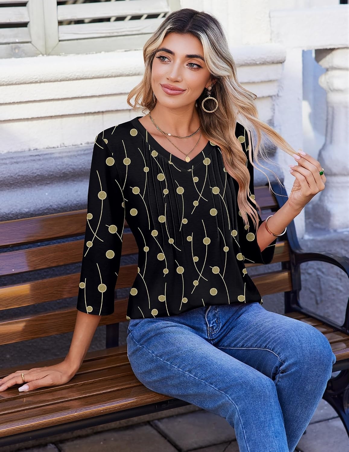 image:imageZeagoo 34 Length Sleeve Womens Tops V Neck Pleated Boho Floral BlousesBlack Khaki Dots