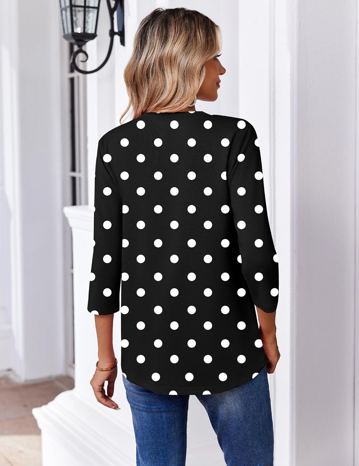 image:imageZeagoo 34 Length Sleeve Womens Tops V Neck Pleated Boho Floral BlousesBlack Polka Dots