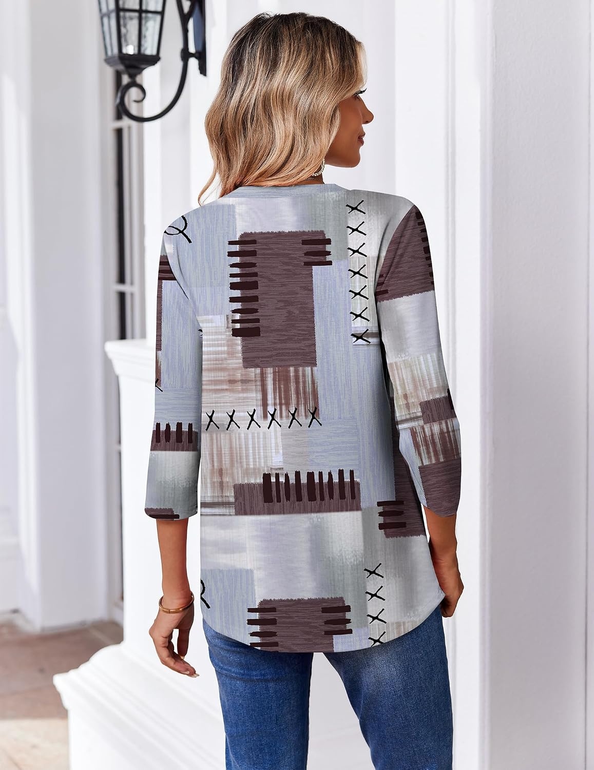 image:imageZeagoo 34 Length Sleeve Womens Tops V Neck Pleated Boho Floral BlousesBlue Brown 609