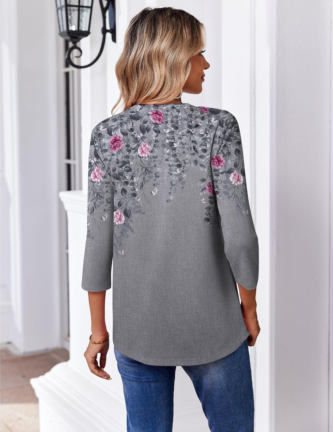 image:imageZeagoo 34 Length Sleeve Womens Tops V Neck Pleated Boho Floral BlousesBoho Hf36