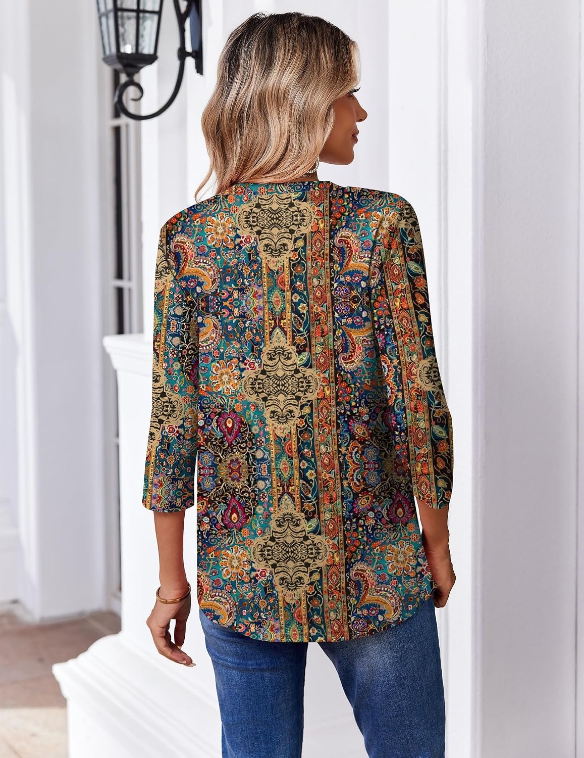 image:imageZeagoo 34 Length Sleeve Womens Tops V Neck Pleated Boho Floral BlousesBoho Mz721